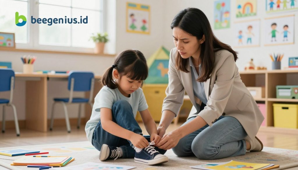 A concerned teacher kneels beside a young child in a bright, colorful classroom setting. The child, appearing frustrated, struggles to tie their shoelaces, showcasing signs of dyspraxia. Around them, various learning materials and art supplies are gently scattered across the desk, implying a creative environment. Soft, natural lighting filters through a window, creating a warm and supportive atmosphere. In the background, the classroom is filled with educational posters and children's drawings, emphasizing a nurturing space. The teacher, dressed in professional yet approachable clothing, exudes empathy and encouragement. This image should convey the challenges and support associated with dyspraxia in children, reflecting the brand identity of "beegenius.id." A concerned teacher kneels beside a young child in a bright, colorful classroom setting. The child, appearing frustrated, struggles to tie their shoelaces, showcasing signs of dyspraxia. Around them, various learning materials and art supplies are gently scattered across the desk, implying a creative environment. Soft, natural lighting filters through a window, creating a warm and supportive atmosphere. In the background, the classroom is filled with educational posters and children's drawings, emphasizing a nurturing space. The teacher, dressed in professional yet approachable clothing, exudes empathy and encouragement. This image should convey the challenges and support associated with dyspraxia in children, reflecting the brand identity of "beegenius.id."