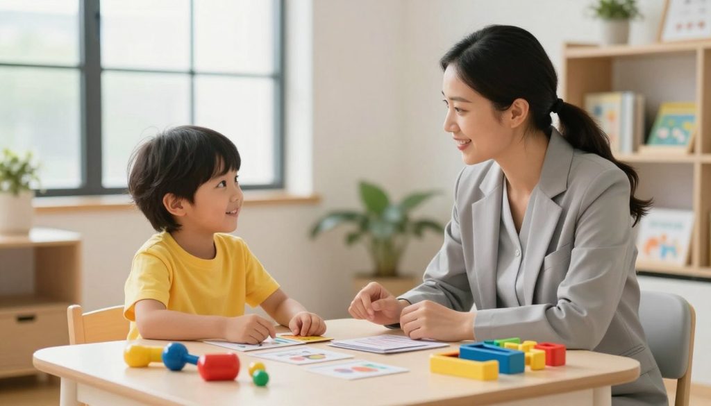 A cozy and professional speech therapy session in a well-lit room, featuring a therapist and a young child engaging in communication exercises. The therapist, dressed in smart casual attire, is sitting at a table with various colorful therapy tools, such as cards and toys promoting language skills. The child, wearing a bright shirt, is smiling and focused, actively participating. Soft natural light filters through a large window, creating a warm and inviting atmosphere. In the background, shelves filled with educational materials are visible, contributing to the nurturing environment. The image should emphasize connection and support, reflecting the essence of speech therapy—enhancing communication skills and addressing language difficulties. beegenius.id A cozy and professional speech therapy session in a well-lit room, featuring a therapist and a young child engaging in communication exercises. The therapist, dressed in smart casual attire, is sitting at a table with various colorful therapy tools, such as cards and toys promoting language skills. The child, wearing a bright shirt, is smiling and focused, actively participating. Soft natural light filters through a large window, creating a warm and inviting atmosphere. In the background, shelves filled with educational materials are visible, contributing to the nurturing environment. The image should emphasize connection and support, reflecting the essence of speech therapy—enhancing communication skills and addressing language difficulties. beegenius.id