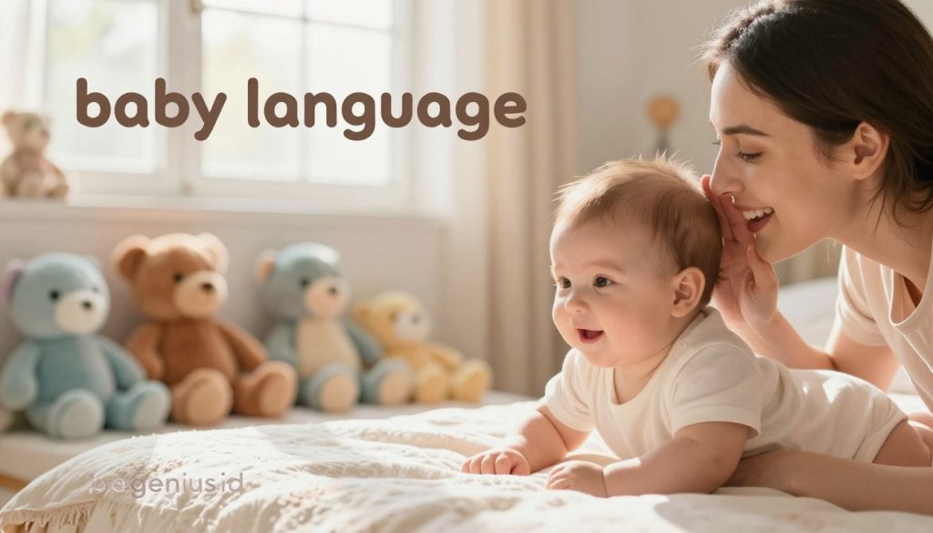 A cozy nursery scene depicting a peaceful interaction between a parent and a baby, focusing on the concept of "baby language." In the foreground, a smiling parent gently coos at their infant, showcasing the bond and early communication. The middle ground features colorful plush toys and a soft blanket, inviting warmth and comfort. In the background, a sunlit window casts a soft, golden light, creating a serene atmosphere. The setting is filled with pastel colors, enhancing the joyful mood. The focus is sharp, using a shallow depth of field to emphasize the intimate connection between the parent and child, while the background softly blurs, adding a dreamy quality. The image embodies the essence of early language development. Include an elegant touch of the brand name “beegenius.id” subtly integrated into the design. A cozy nursery scene depicting a peaceful interaction between a parent and a baby, focusing on the concept of "baby language." In the foreground, a smiling parent gently coos at their infant, showcasing the bond and early communication. The middle ground features colorful plush toys and a soft blanket, inviting warmth and comfort. In the background, a sunlit window casts a soft, golden light, creating a serene atmosphere. The setting is filled with pastel colors, enhancing the joyful mood. The focus is sharp, using a shallow depth of field to emphasize the intimate connection between the parent and child, while the background softly blurs, adding a dreamy quality. The image embodies the essence of early language development. Include an elegant touch of the brand name “beegenius.id” subtly integrated into the design.