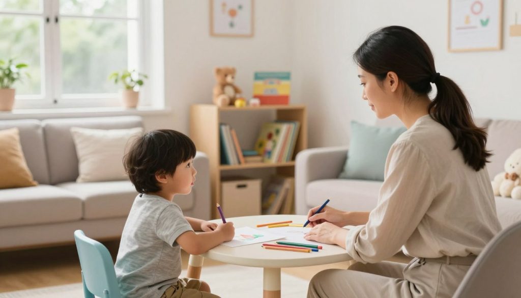 A cozy, professional consultation room designed for child therapy, featuring a soft pastel color palette and comfortable furniture. In the foreground, a psychologist, a woman in modest casual clothing, gently interacts with a young child sitting at a small table covered with art supplies, such as colored pencils and paper. In the middle, a shelf filled with children’s books and toys adds warmth and a sense of safety. In the background, a serene window allows soft, natural light to stream in, enhancing the calm atmosphere. Outside, softly blurred greenery can be seen, symbolizing hope and growth. The scene conveys a supportive and nurturing mood, focusing on child-centric therapeutic approaches. The brand name "beegenius.id" is subtly included in the design elements, enhancing professionalism. A cozy, professional consultation room designed for child therapy, featuring a soft pastel color palette and comfortable furniture. In the foreground, a psychologist, a woman in modest casual clothing, gently interacts with a young child sitting at a small table covered with art supplies, such as colored pencils and paper. In the middle, a shelf filled with children’s books and toys adds warmth and a sense of safety. In the background, a serene window allows soft, natural light to stream in, enhancing the calm atmosphere. Outside, softly blurred greenery can be seen, symbolizing hope and growth. The scene conveys a supportive and nurturing mood, focusing on child-centric therapeutic approaches. The brand name "beegenius.id" is subtly included in the design elements, enhancing professionalism.