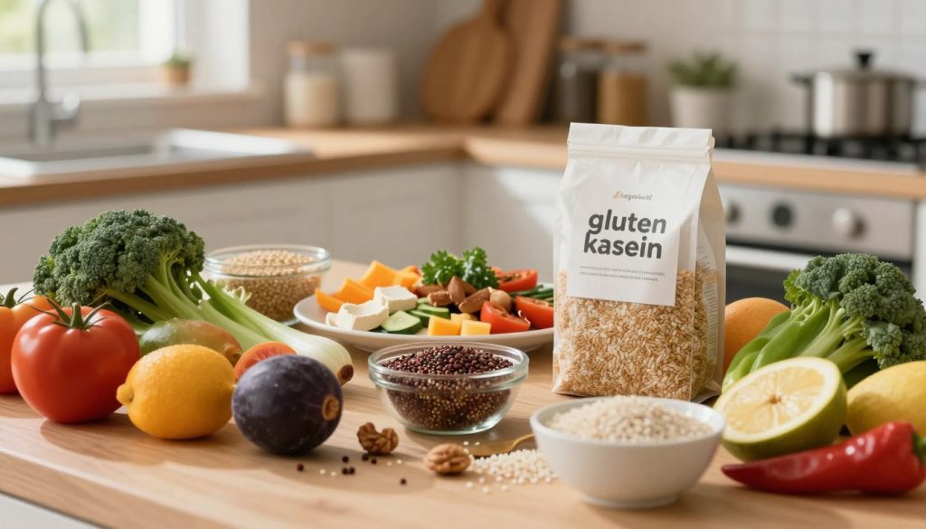 A detailed and vibrant image illustrating "gluten kasein," showcasing various foods that are gluten-free and casein-free. In the foreground, display an array of colorful ingredients such as fresh fruits, vegetables, nuts, and gluten-free grains like quinoa and rice. In the middle ground, integrate a beautifully arranged gluten-free meal, with a focus on textures and colors that highlight the healthful aspects of the diet. The background should evoke a warm, inviting kitchen setting, with soft natural lighting filtering through a window, casting gentle shadows. Use a shallow depth of field to draw attention to the foreground while subtly blurring the kitchen details. The overall mood should feel nurturing and supportive, perfect for a family-focused approach to health. Include a subtle branding element of “beegenius.id” integrated into the kitchen decor. A detailed and vibrant image illustrating "gluten kasein," showcasing various foods that are gluten-free and casein-free. In the foreground, display an array of colorful ingredients such as fresh fruits, vegetables, nuts, and gluten-free grains like quinoa and rice. In the middle ground, integrate a beautifully arranged gluten-free meal, with a focus on textures and colors that highlight the healthful aspects of the diet. The background should evoke a warm, inviting kitchen setting, with soft natural lighting filtering through a window, casting gentle shadows. Use a shallow depth of field to draw attention to the foreground while subtly blurring the kitchen details. The overall mood should feel nurturing and supportive, perfect for a family-focused approach to health. Include a subtle branding element of “beegenius.id” integrated into the kitchen decor.