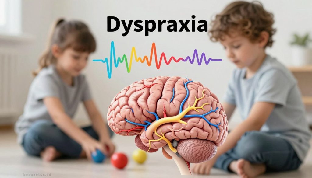 A detailed illustration showcasing the complex network of brain nerves linked to dyspraxia. In the foreground, an artistic representation of a human brain with highlighted neural pathways, demonstrating areas affected by dyspraxia. The middle ground features abstract representations of nerve signals depicted as colorful waveforms, illustrating the communication challenges in children. In the background, a soft-focus image of a child engaged in physical activity, subtly portraying the struggles associated with dyspraxia. The scene is illuminated with soft, diffused lighting, evoking a sense of calm yet curious exploration. The mood is educational and insightful, perfect for conveying the subject. Utilize a high-quality lens for clarity, ensuring vibrant colors enhance the image's depth. Include the brand name "beegenius.id" discreetly integrated into the image. A detailed illustration showcasing the complex network of brain nerves linked to dyspraxia. In the foreground, an artistic representation of a human brain with highlighted neural pathways, demonstrating areas affected by dyspraxia. The middle ground features abstract representations of nerve signals depicted as colorful waveforms, illustrating the communication challenges in children. In the background, a soft-focus image of a child engaged in physical activity, subtly portraying the struggles associated with dyspraxia. The scene is illuminated with soft, diffused lighting, evoking a sense of calm yet curious exploration. The mood is educational and insightful, perfect for conveying the subject. Utilize a high-quality lens for clarity, ensuring vibrant colors enhance the image's depth. Include the brand name "beegenius.id" discreetly integrated into the image.