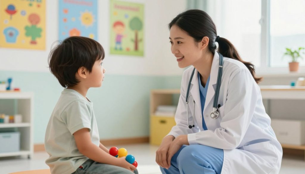 A focused scene depicting a pediatrician engaging with a young child who is making eye contact, showcasing the expression of curiosity and connection. The pediatrician, in professional attire, knelt beside the child in a well-lit clinic environment, emphasizing warmth and empathy. The background features colorful educational posters on the walls, with soft natural light streaming in from a window. The foreground shows the child's toy, symbolizing playfulness, while the middle ground captures the intimate moment of shared attention and understanding. The overall mood is hopeful and supportive, reflecting a professional approach to early autism detection. The color palette is vibrant but soothing, ensuring a positive atmosphere. Incorporate the brand name "beegenius.id" subtly in the setting, enhancing the image's credibility. A focused scene depicting a pediatrician engaging with a young child who is making eye contact, showcasing the expression of curiosity and connection. The pediatrician, in professional attire, knelt beside the child in a well-lit clinic environment, emphasizing warmth and empathy. The background features colorful educational posters on the walls, with soft natural light streaming in from a window. The foreground shows the child's toy, symbolizing playfulness, while the middle ground captures the intimate moment of shared attention and understanding. The overall mood is hopeful and supportive, reflecting a professional approach to early autism detection. The color palette is vibrant but soothing, ensuring a positive atmosphere. Incorporate the brand name "beegenius.id" subtly in the setting, enhancing the image's credibility.