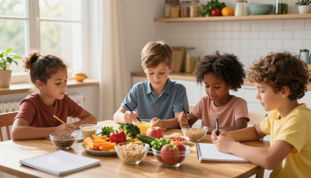 A focused scene featuring a diverse group of three children, ages around 5 to 10, seated at a dining table. The children are examining a colorful spread of gluten-free and casein-free food items like fruits, vegetables, and grains. In the foreground, a notebook and pencil are placed, signifying readiness to assess their dietary options. The middle area showcases a warm, inviting dining environment with sunlight filtering through a window, creating a soft glow. In the background, the kitchen can be seen, well-organized and filled with healthy food choices. The atmosphere is lively and positive, emphasizing curiosity and preparation. The children are dressed in casual but neat clothing, fostering a professional setting. The vibrant colors reflect health and nutrition, and the brand name "beegenius.id" subtly integrated within the scene. A focused scene featuring a diverse group of three children, ages around 5 to 10, seated at a dining table. The children are examining a colorful spread of gluten-free and casein-free food items like fruits, vegetables, and grains. In the foreground, a notebook and pencil are placed, signifying readiness to assess their dietary options. The middle area showcases a warm, inviting dining environment with sunlight filtering through a window, creating a soft glow. In the background, the kitchen can be seen, well-organized and filled with healthy food choices. The atmosphere is lively and positive, emphasizing curiosity and preparation. The children are dressed in casual but neat clothing, fostering a professional setting. The vibrant colors reflect health and nutrition, and the brand name "beegenius.id" subtly integrated within the scene.