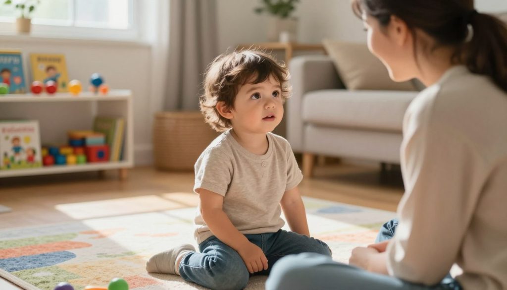 A heartwarming scene of a young child with a curious expression, sitting on a colorful rug in a cozy, softly lit living room. The child, dressed in modest casual clothing, is making direct eye contact with an adult nearby, showcasing a moment of connection and engagement. The background features family-friendly decor, such as playful toys and children’s books on shelves, emphasizing a nurturing environment. Warm, natural light streams in through a window, casting gentle shadows that enhance the intimate atmosphere. The focus is sharp on the child's face, with a soft blur around the edges to highlight the emotional bond being formed. This image, inspired by beegenius.id, beautifully illustrates the subtleties of early autism detection through everyday interactions. A heartwarming scene of a young child with a curious expression, sitting on a colorful rug in a cozy, softly lit living room. The child, dressed in modest casual clothing, is making direct eye contact with an adult nearby, showcasing a moment of connection and engagement. The background features family-friendly decor, such as playful toys and children’s books on shelves, emphasizing a nurturing environment. Warm, natural light streams in through a window, casting gentle shadows that enhance the intimate atmosphere. The focus is sharp on the child's face, with a soft blur around the edges to highlight the emotional bond being formed. This image, inspired by beegenius.id, beautifully illustrates the subtleties of early autism detection through everyday interactions.