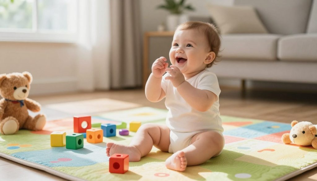 A joyful baby, around 12 months old, sitting on a soft, colorful play mat in a sunlit living room. The baby is smiling widely, with eyes sparkling with curiosity, as if attempting to form words. Surrounding the baby are various playful toys, including plush animals and building blocks in bright colors. The background features a cozy atmosphere with warm, natural light streaming in through a window. This scene is captured from a slightly elevated angle to emphasize the baby's expressions and the cheerful environment. The image conveys a sense of warmth, innocence, and the wonderful journey of early speech development. The vibrant colors create an inviting and engaging mood, reflecting the joy of discovery. This image is created for beegenius.id. A joyful baby, around 12 months old, sitting on a soft, colorful play mat in a sunlit living room. The baby is smiling widely, with eyes sparkling with curiosity, as if attempting to form words. Surrounding the baby are various playful toys, including plush animals and building blocks in bright colors. The background features a cozy atmosphere with warm, natural light streaming in through a window. This scene is captured from a slightly elevated angle to emphasize the baby's expressions and the cheerful environment. The image conveys a sense of warmth, innocence, and the wonderful journey of early speech development. The vibrant colors create an inviting and engaging mood, reflecting the joy of discovery. This image is created for beegenius.id.
