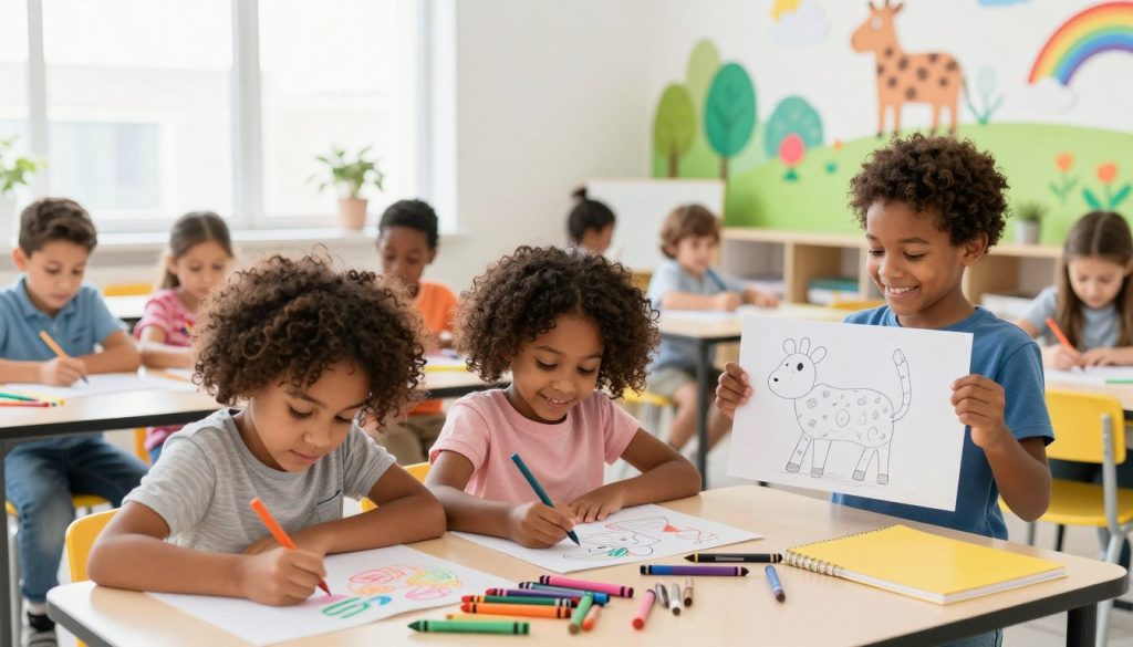 A joyful scene of a diverse group of young children aged 5-8 engaged in drawing activities in a bright, colorful classroom filled with art supplies. In the foreground, a girl with curly hair focused intently on her colorful crayon drawing, while a boy next to her enthusiastically showcases his artwork. The middle ground features a table cluttered with drawings, crayons, and markers, with a large window allowing bright natural light to flood the room. In the background, cheerful wall decorations depicting animals and landscapes create a vibrant, inspiring atmosphere. The overall mood is playful and creative, emphasizing the importance of drawing for children in the digital age. High-quality, vibrant colors enhance this engaging scene, embodying the brand spirit of beegenius.id. A joyful scene of a diverse group of young children aged 5-8 engaged in drawing activities in a bright, colorful classroom filled with art supplies. In the foreground, a girl with curly hair focused intently on her colorful crayon drawing, while a boy next to her enthusiastically showcases his artwork. The middle ground features a table cluttered with drawings, crayons, and markers, with a large window allowing bright natural light to flood the room. In the background, cheerful wall decorations depicting animals and landscapes create a vibrant, inspiring atmosphere. The overall mood is playful and creative, emphasizing the importance of drawing for children in the digital age. High-quality, vibrant colors enhance this engaging scene, embodying the brand spirit of beegenius.id.