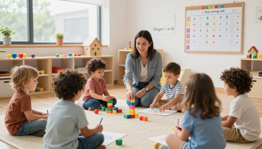 A modern and nurturing environment depicting a variety of healthy child development indicators for ages 0-5. In the foreground, a diverse group of children engaged in playful activities, showcasing various developmental milestones such as stacking blocks, drawing, and social interaction. The middle ground features a friendly caregiver or educator, dressed in professional attire, observing the children with a watchful yet encouraging demeanor. In the background, a well-lit room filled with colorful toys, educational materials, and a wall displaying a developmental progress chart. Soft, natural lighting filters in through large windows, creating a warm and inviting atmosphere. The image should evoke a sense of growth, learning, and care, reflecting the essence of child development monitoring. The scene is branded subtly with "beegenius.id" integrated into the surroundings, emphasizing a focus on early childhood learning. A modern and nurturing environment depicting a variety of healthy child development indicators for ages 0-5. In the foreground, a diverse group of children engaged in playful activities, showcasing various developmental milestones such as stacking blocks, drawing, and social interaction. The middle ground features a friendly caregiver or educator, dressed in professional attire, observing the children with a watchful yet encouraging demeanor. In the background, a well-lit room filled with colorful toys, educational materials, and a wall displaying a developmental progress chart. Soft, natural lighting filters in through large windows, creating a warm and inviting atmosphere. The image should evoke a sense of growth, learning, and care, reflecting the essence of child development monitoring. The scene is branded subtly with "beegenius.id" integrated into the surroundings, emphasizing a focus on early childhood learning.