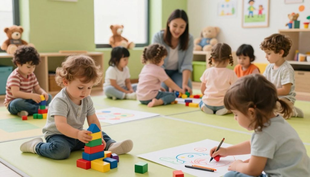 A nurturing environment depicting the developmental stages of children aged 0-5 years, showing a diverse group of children engaging in various activities in a bright, colorful playroom. In the foreground, a toddler is stacking colorful building blocks, while another child is drawing with crayons on a large sheet of paper. The middle ground features a caregiver interacting with a group of children, fostering social skills and emotional growth. In the background, soft toys and educational posters adorn the walls, illustrating the theme of growth and learning. The lighting is warm and welcoming, creating a vibrant, joyful atmosphere that conveys exploration and creativity. The scene is radiantly colored, embodying the essence of early childhood development. Captured from a slight overhead angle to encompass the entire play area, the image aims to resonate with the theme of child growth. beegenius.id A nurturing environment depicting the developmental stages of children aged 0-5 years, showing a diverse group of children engaging in various activities in a bright, colorful playroom. In the foreground, a toddler is stacking colorful building blocks, while another child is drawing with crayons on a large sheet of paper. The middle ground features a caregiver interacting with a group of children, fostering social skills and emotional growth. In the background, soft toys and educational posters adorn the walls, illustrating the theme of growth and learning. The lighting is warm and welcoming, creating a vibrant, joyful atmosphere that conveys exploration and creativity. The scene is radiantly colored, embodying the essence of early childhood development. Captured from a slight overhead angle to encompass the entire play area, the image aims to resonate with the theme of child growth. beegenius.id