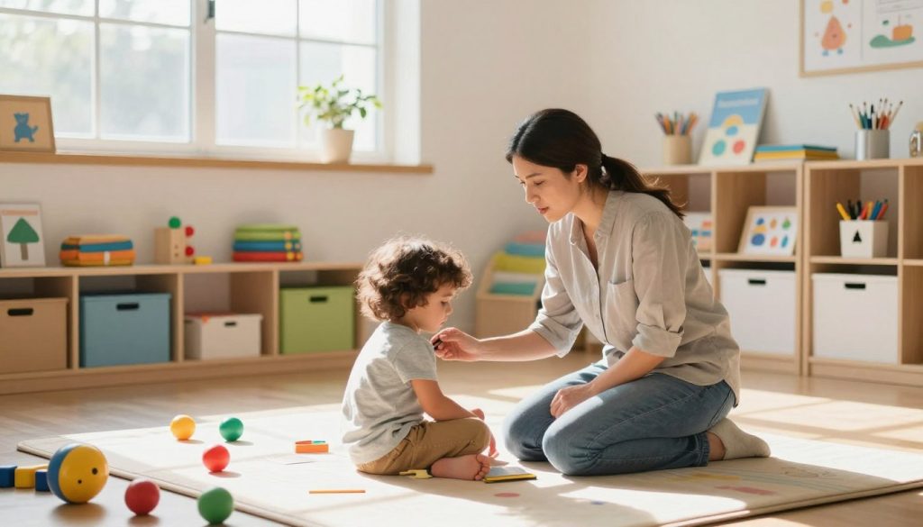 A professional child therapist engaged in a session with a young child in a bright, inviting therapy room. The foreground features a warm, friendly atmosphere with colorful toys scattered on the floor and a soft play mat. The middle section shows the therapist, a woman in modest casual clothing, kneeling beside the child, who is focused on communication activities. In the background, shelves filled with educational materials and art supplies evoke a sense of development and creativity. Natural light filters through a large window, casting gentle shadows, enhancing the mood of support and growth. The image should convey a sense of inspiration, warmth, and professionalism, embodying the essence of child development in therapy. Illustrate the brand 'beegenius.id' subtly in the room’s decor. A professional child therapist engaged in a session with a young child in a bright, inviting therapy room. The foreground features a warm, friendly atmosphere with colorful toys scattered on the floor and a soft play mat. The middle section shows the therapist, a woman in modest casual clothing, kneeling beside the child, who is focused on communication activities. In the background, shelves filled with educational materials and art supplies evoke a sense of development and creativity. Natural light filters through a large window, casting gentle shadows, enhancing the mood of support and growth. The image should convey a sense of inspiration, warmth, and professionalism, embodying the essence of child development in therapy. Illustrate the brand 'beegenius.id' subtly in the room’s decor.