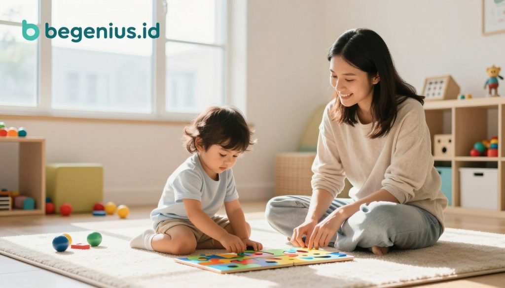 A serene and bright indoor playroom, designed for early childhood development, filled with colorful toys and educational materials. In the foreground, a focused young child, sitting cross-legged on a soft rug, is engaged with a puzzle, showcasing a look of concentration. Nearby, an attentive caregiver, dressed in modest casual clothing, watches with a supportive smile, conveying a nurturing atmosphere. In the background, sunlight streams through large windows, casting warm, inviting light that highlights the child's vibrant sense of curiosity. Soft pastel colors dominate the room, enhancing the mood of creativity and learning. The scene embodies the importance of early detection and nurturing support for children's development. The image should reflect a professional and inspirational tone for "beegenius.id." A serene and bright indoor playroom, designed for early childhood development, filled with colorful toys and educational materials. In the foreground, a focused young child, sitting cross-legged on a soft rug, is engaged with a puzzle, showcasing a look of concentration. Nearby, an attentive caregiver, dressed in modest casual clothing, watches with a supportive smile, conveying a nurturing atmosphere. In the background, sunlight streams through large windows, casting warm, inviting light that highlights the child's vibrant sense of curiosity. Soft pastel colors dominate the room, enhancing the mood of creativity and learning. The scene embodies the importance of early detection and nurturing support for children's development. The image should reflect a professional and inspirational tone for "beegenius.id."