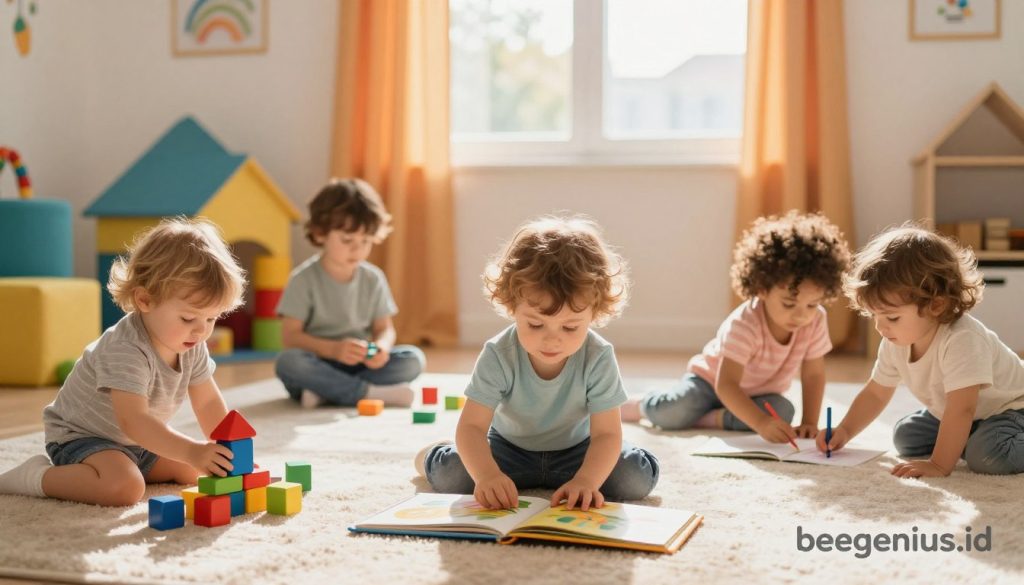 A serene and colorful depiction of child development stages for ages 0-5, focusing on early childhood growth. In the foreground, illustrate a diverse group of young children engaged in various playful activities: a toddler building blocks, another child exploring a picture book, and a pair of preschoolers drawing together. The middle ground should feature gentle, oversized toys and an educational play area, emphasizing a safe learning environment. In the background, softly lit sunrays filter through a window adorned with vibrant curtains, casting a warm glow that enhances the joyful atmosphere. Use rich, inviting colors to convey a sense of wonder and discovery. The image should appear polished and professional, evoking the essence of childhood development, inspired by the brand "beegenius.id". A serene and colorful depiction of child development stages for ages 0-5, focusing on early childhood growth. In the foreground, illustrate a diverse group of young children engaged in various playful activities: a toddler building blocks, another child exploring a picture book, and a pair of preschoolers drawing together. The middle ground should feature gentle, oversized toys and an educational play area, emphasizing a safe learning environment. In the background, softly lit sunrays filter through a window adorned with vibrant curtains, casting a warm glow that enhances the joyful atmosphere. Use rich, inviting colors to convey a sense of wonder and discovery. The image should appear polished and professional, evoking the essence of childhood development, inspired by the brand "beegenius.id".