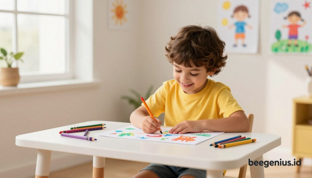 A serene and colorful indoor environment showcasing a young child focused on drawing at a small table. The child, wearing a bright, comfortable shirt and shorts, is smiling as they create a vibrant picture filled with imaginative elements, like animals and nature. Nearby, crayons and colored pencils are scattered, emanating a sense of creativity and joy. In the background, light streams through a window, casting soft, warm illumination that enhances the playful atmosphere. Wall art depicting children's drawings adds to the cheerful decor, reinforcing the benefits of drawing for a child's psychology. The image aims to evoke feelings of happiness, inspiration, and the importance of self-expression through art. Visualize this scene in a professional style, highlighting a balance of vibrancy and warmth, with the brand "beegenius.id" subtly integrated into the composition. A serene and colorful indoor environment showcasing a young child focused on drawing at a small table. The child, wearing a bright, comfortable shirt and shorts, is smiling as they create a vibrant picture filled with imaginative elements, like animals and nature. Nearby, crayons and colored pencils are scattered, emanating a sense of creativity and joy. In the background, light streams through a window, casting soft, warm illumination that enhances the playful atmosphere. Wall art depicting children's drawings adds to the cheerful decor, reinforcing the benefits of drawing for a child's psychology. The image aims to evoke feelings of happiness, inspiration, and the importance of self-expression through art. Visualize this scene in a professional style, highlighting a balance of vibrancy and warmth, with the brand "beegenius.id" subtly integrated into the composition.