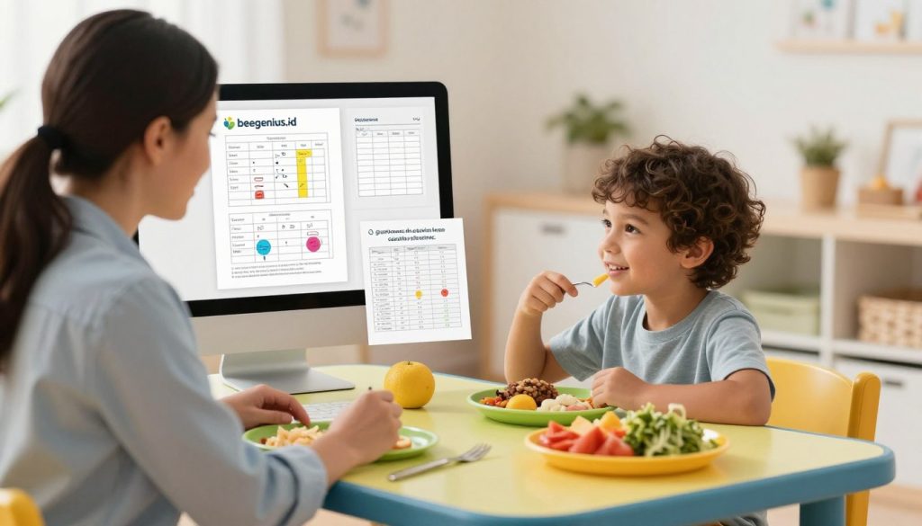 A serene and focused environment depicting the monitoring of digestive behavior in children with autism on a diet. In the foreground, a professional caregiver, dressed in modest casual clothing, observes a young child sitting at a colorful table filled with healthy, gluten-free, casein-free foods. The child is engaged in an interactive activity, reflecting a positive mood. In the middle, there are charts and notes showing digestive health and behavioral observations, symbolizing careful monitoring. The background features a softly lit room with warm tones, promoting a comforting atmosphere. The image should feel vibrant yet calming, highlighting the connection between nutrition and behavior. This visual should reflect the essence of “beegenius.id,” emphasizing care and thoughtful evaluation in a supportive space. A serene and focused environment depicting the monitoring of digestive behavior in children with autism on a diet. In the foreground, a professional caregiver, dressed in modest casual clothing, observes a young child sitting at a colorful table filled with healthy, gluten-free, casein-free foods. The child is engaged in an interactive activity, reflecting a positive mood. In the middle, there are charts and notes showing digestive health and behavioral observations, symbolizing careful monitoring. The background features a softly lit room with warm tones, promoting a comforting atmosphere. The image should feel vibrant yet calming, highlighting the connection between nutrition and behavior. This visual should reflect the essence of “beegenius.id,” emphasizing care and thoughtful evaluation in a supportive space.