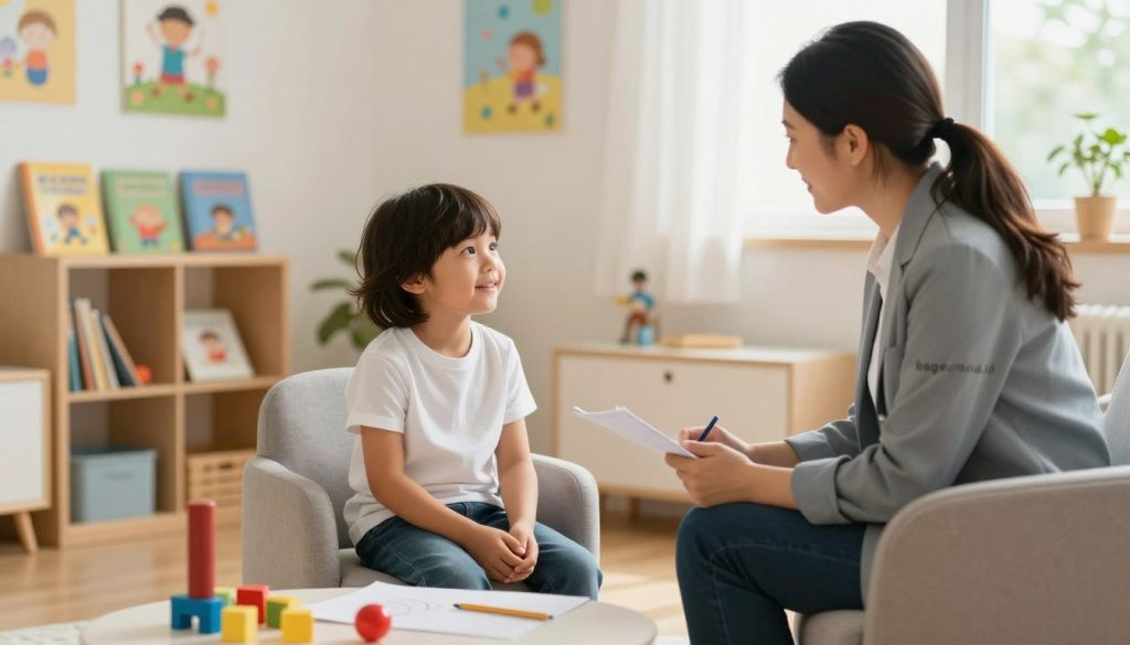 A serene and harmonious therapy session featuring a child sitting on a comfortable chair, engaged in a playful yet focused interaction with a psychologist, who is also seated and dressed in professional attire. The foreground showcases toys and drawing materials, symbolizing behavioral therapy techniques. In the middle, a cozy room with shelves of colorful children's books and calming artwork on the walls enhances the therapeutic atmosphere. The background features soft, natural light streaming through a window, creating a warm and inviting ambiance. The overall mood is one of support, understanding, and professionalism, ideal for illustrating the distinction between child psychologists and psychiatrists. The scene is vibrant, with a focus on emotional connection and positivity. Include the brand name "beegenius.id" discreetly within the visual elements. A serene and harmonious therapy session featuring a child sitting on a comfortable chair, engaged in a playful yet focused interaction with a psychologist, who is also seated and dressed in professional attire. The foreground showcases toys and drawing materials, symbolizing behavioral therapy techniques. In the middle, a cozy room with shelves of colorful children's books and calming artwork on the walls enhances the therapeutic atmosphere. The background features soft, natural light streaming through a window, creating a warm and inviting ambiance. The overall mood is one of support, understanding, and professionalism, ideal for illustrating the distinction between child psychologists and psychiatrists. The scene is vibrant, with a focus on emotional connection and positivity. Include the brand name "beegenius.id" discreetly within the visual elements.