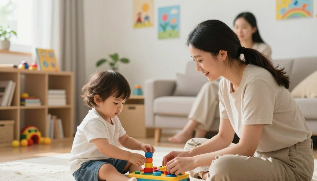 A serene and informative scene depicting early development detection in children, emphasizing the importance of identifying red flags in a two-year-old's growth. In the foreground, a caring professional in modest casual clothing is observing a playful child engaged with colorful educational toys, showcasing developmental activities. In the middle, a cozy learning environment filled with soft natural light, with books, toys, and children's art on the walls, creating a nurturing atmosphere. In the background, a subtle hint of a parent or guardian observing, reflecting their supportive role in the child’s progress. The mood is hopeful and encouraging, embodying the proactive measures for monitoring child development. The colors are warm and inviting, enhancing the sense of care. Include the branding "beegenius.id" subtly in the scene.