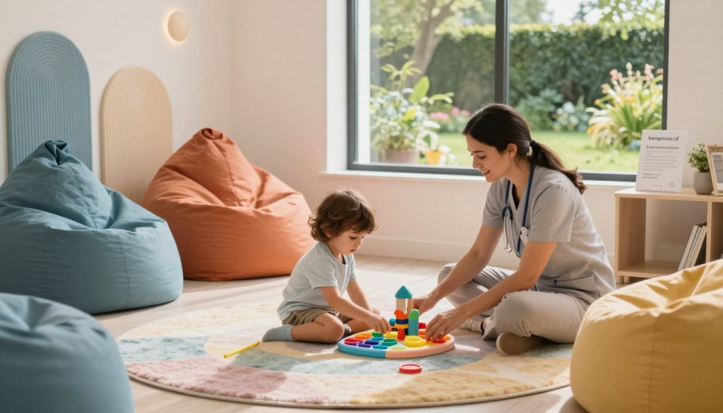 A serene and inviting therapy room designed for children, featuring colorful, sensory-friendly furniture like bean bags and textured wall panels. In the foreground, a young child engages with interactive sensory toys, exploring vibrant colors and shapes, while a caring therapist in professional attire, gently guides them. The middle of the room showcases a soft, pastel-colored rug and calming, diffused lighting that creates a warm atmosphere. In the background, a window displays a picturesque view of a lush garden, allowing natural light to filter in. The brand name "beegenius.id" is subtly represented on promotional materials placed on a nearby table. The overall mood is nurturing and supportive, emphasizing a safe space for sensory processing therapy. A serene and inviting therapy room designed for children, featuring colorful, sensory-friendly furniture like bean bags and textured wall panels. In the foreground, a young child engages with interactive sensory toys, exploring vibrant colors and shapes, while a caring therapist in professional attire, gently guides them. The middle of the room showcases a soft, pastel-colored rug and calming, diffused lighting that creates a warm atmosphere. In the background, a window displays a picturesque view of a lush garden, allowing natural light to filter in. The brand name "beegenius.id" is subtly represented on promotional materials placed on a nearby table. The overall mood is nurturing and supportive, emphasizing a safe space for sensory processing therapy.