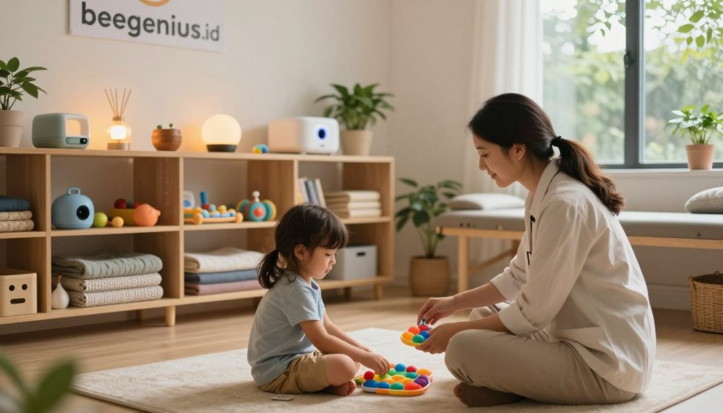 A serene and inviting therapy room designed to illustrate sensory processing, featuring soft, ambient lighting that creates a calm atmosphere. In the foreground, a professional therapist, dressed in modest casual attire, interacts with a child using colorful sensory toys that engage the senses. The middle layer showcases shelves filled with various sensory tools, such as textured fabrics, aromatherapy diffusers, and calming light projectors. In the background, a large window allows natural light to flood the space, with gentle greenery visible outside, symbolizing connection to nature. The overall mood is warm and supportive, emphasizing balance, healing, and effective strategies for sensory processing therapy. The scene is vibrant and fully immersive, reflecting the innovative spirit of the brand beegenius.id. A serene and inviting therapy room designed to illustrate sensory processing, featuring soft, ambient lighting that creates a calm atmosphere. In the foreground, a professional therapist, dressed in modest casual attire, interacts with a child using colorful sensory toys that engage the senses. The middle layer showcases shelves filled with various sensory tools, such as textured fabrics, aromatherapy diffusers, and calming light projectors. In the background, a large window allows natural light to flood the space, with gentle greenery visible outside, symbolizing connection to nature. The overall mood is warm and supportive, emphasizing balance, healing, and effective strategies for sensory processing therapy. The scene is vibrant and fully immersive, reflecting the innovative spirit of the brand beegenius.id.