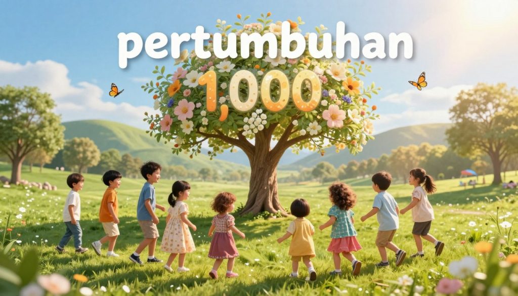 A serene and peaceful scene showcasing the concept of "pertumbuhan" during the golden 1,000 days of a child's life. In the foreground, depict a diverse group of joyful children aged 0-5 years playing together in a vibrant green park, wearing colorful yet modest clothing. The middle ground features a blooming tree symbolizing growth, with radiant flowers and butterflies fluttering around it, representing the beauty of childhood development. The background includes soft hills and a clear blue sky with sunlight filtering through, casting warm golden rays onto the scene. Capture a feeling of happiness and curiosity, emphasizing a nurturing environment. Use bright, cheerful colors to create an inviting atmosphere. The image reflects the essence of holistic growth and development, with a premium and vibrant visual style by beegenius.id. A serene and peaceful scene showcasing the concept of "pertumbuhan" during the golden 1,000 days of a child's life. In the foreground, depict a diverse group of joyful children aged 0-5 years playing together in a vibrant green park, wearing colorful yet modest clothing. The middle ground features a blooming tree symbolizing growth, with radiant flowers and butterflies fluttering around it, representing the beauty of childhood development. The background includes soft hills and a clear blue sky with sunlight filtering through, casting warm golden rays onto the scene. Capture a feeling of happiness and curiosity, emphasizing a nurturing environment. Use bright, cheerful colors to create an inviting atmosphere. The image reflects the essence of holistic growth and development, with a premium and vibrant visual style by beegenius.id.