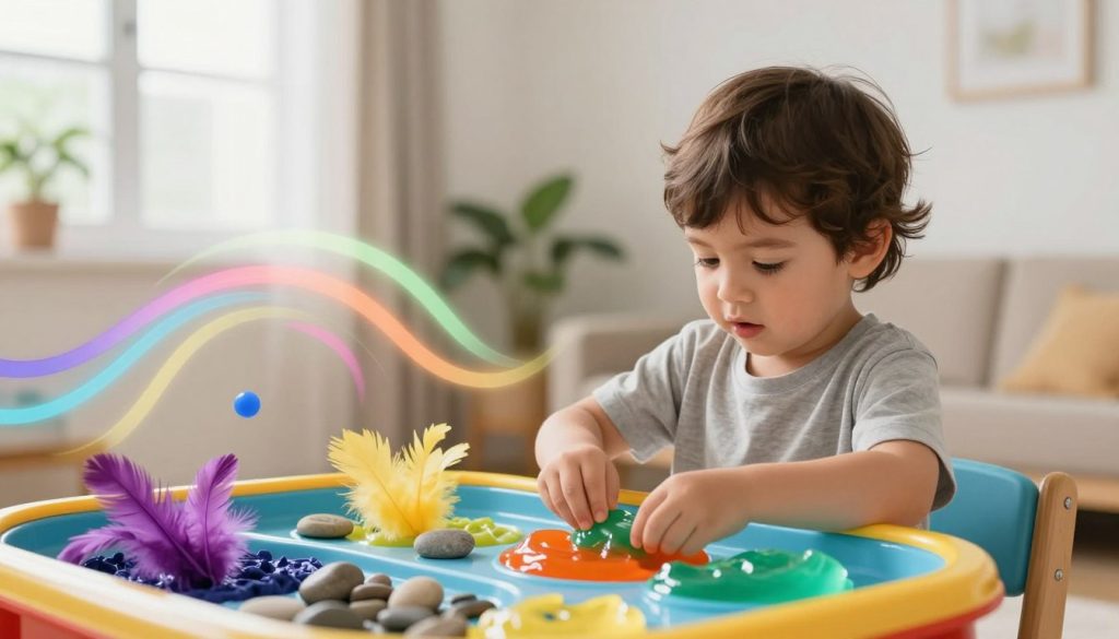 A serene and vibrant scene illustrating sensory processing disorder. In the foreground, a young child with an expressive face sits at a colorful sensory play table, exploring various textures like soft feathers, smooth stones, and squishy gel. In the middle ground, abstract waves of light and color swirl around, representing sensations like sounds and sights, creating a visual metaphor for sensory overload. In the background, a peaceful room with soft, diffused natural light streaming through large windows enhances the calming mood. The atmosphere is warm and inviting, fostering curiosity and understanding. The overall composition reflects a premium quality with vivid colors, designed by beegenius.id, emphasizing the theme of sensory processing in a safe, engaging manner. A serene and vibrant scene illustrating sensory processing disorder. In the foreground, a young child with an expressive face sits at a colorful sensory play table, exploring various textures like soft feathers, smooth stones, and squishy gel. In the middle ground, abstract waves of light and color swirl around, representing sensations like sounds and sights, creating a visual metaphor for sensory overload. In the background, a peaceful room with soft, diffused natural light streaming through large windows enhances the calming mood. The atmosphere is warm and inviting, fostering curiosity and understanding. The overall composition reflects a premium quality with vivid colors, designed by beegenius.id, emphasizing the theme of sensory processing in a safe, engaging manner.