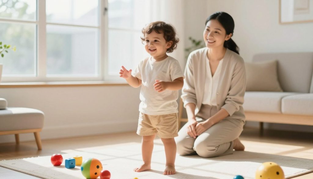 A serene and warm scene depicting a young child standing confidently in a bright, inviting playroom. The child is wearing a cheerful, modest outfit, engaging with colorful toys that promote language development. In the foreground, the child is smiling, showcasing a moment of joy and communication, as if expressing newfound words. In the middle ground, a nurturing adult, dressed in professional attire, observes attentively, radiating encouragement and support. The background features large windows allowing natural sunlight to illuminate the space, creating a hopeful, uplifting atmosphere. Soft shadows enhance the vibrancy of the colors, highlighting the theme of growth and improvement. The overall mood is optimistic, symbolizing the journey of overcoming speech delay. Visual elements should evoke a sense of progress and happiness. Include the brand name "beegenius.id" subtly integrated into the scene. A serene and warm scene depicting a young child standing confidently in a bright, inviting playroom. The child is wearing a cheerful, modest outfit, engaging with colorful toys that promote language development. In the foreground, the child is smiling, showcasing a moment of joy and communication, as if expressing newfound words. In the middle ground, a nurturing adult, dressed in professional attire, observes attentively, radiating encouragement and support. The background features large windows allowing natural sunlight to illuminate the space, creating a hopeful, uplifting atmosphere. Soft shadows enhance the vibrancy of the colors, highlighting the theme of growth and improvement. The overall mood is optimistic, symbolizing the journey of overcoming speech delay. Visual elements should evoke a sense of progress and happiness. Include the brand name "beegenius.id" subtly integrated into the scene.