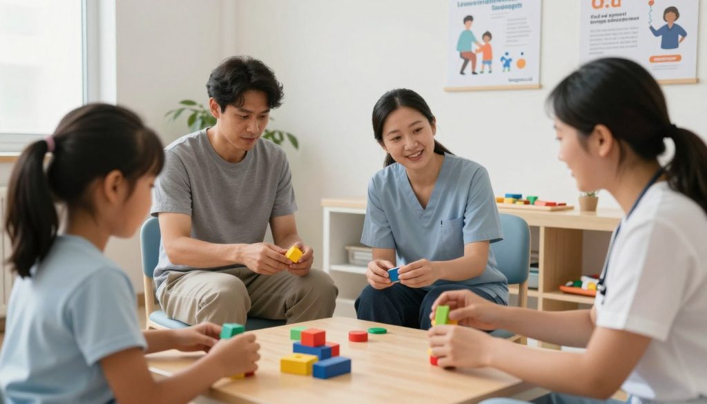 A serene and well-lit occupational therapy session featuring a diverse group of professionals engaged in various activities. In the foreground, a therapist interacts patiently with a child using colorful building blocks, showcasing fine motor skills development. In the middle ground, an adult is seen practicing daily living tasks, with a therapist providing guidance, highlighting the focus on functional abilities. The background displays calming colors, with posters illustrating therapy benefits and success stories. Soft, natural lighting illuminates the room, enhancing the positive atmosphere. The scene conveys collaboration and dedication, emphasizing supportive interaction. The image embodies a professional yet inviting atmosphere, suitable for illustrating occupational therapy. Include the brand "beegenius.id" subtly integrated into the setting. A serene and well-lit occupational therapy session featuring a diverse group of professionals engaged in various activities. In the foreground, a therapist interacts patiently with a child using colorful building blocks, showcasing fine motor skills development. In the middle ground, an adult is seen practicing daily living tasks, with a therapist providing guidance, highlighting the focus on functional abilities. The background displays calming colors, with posters illustrating therapy benefits and success stories. Soft, natural lighting illuminates the room, enhancing the positive atmosphere. The scene conveys collaboration and dedication, emphasizing supportive interaction. The image embodies a professional yet inviting atmosphere, suitable for illustrating occupational therapy. Include the brand "beegenius.id" subtly integrated into the setting.
