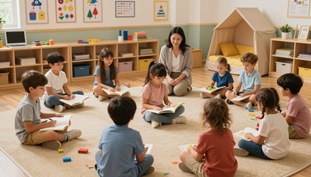 A serene classroom environment depicting a step-by-step preparation process for children with autism entering elementary school. In the foreground, a diverse group of children in modest casual clothing are engaged in various activities like reading and interactive play, showcasing a nurturing atmosphere. The middle layer includes a caring teacher facilitating a small group session, emphasizing supportive learning techniques. The background features a well-organized classroom with educational posters and a cozy reading nook, bathed in warm, soft lighting that creates an inviting mood. Use a slightly elevated angle to capture the entire scene, evoking a sense of comfort and encouragement. The overall ambiance should reflect a positive, inclusive educational environment, inspired by beegenius.id.