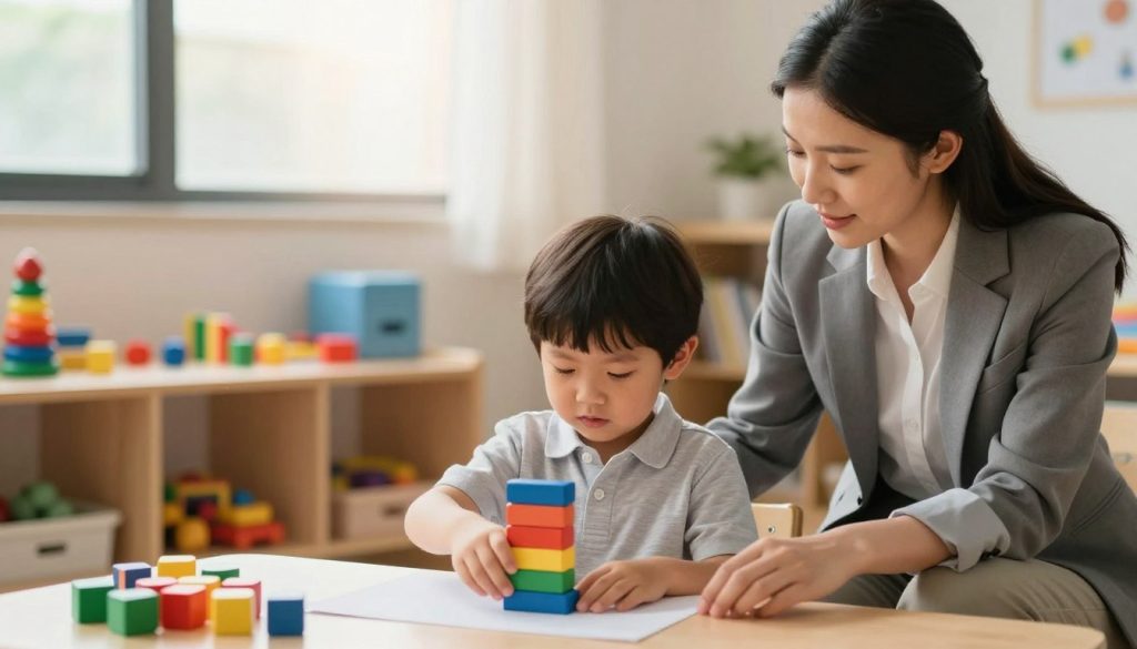 A serene classroom environment showcasing a child with developmental coordination disorder (dyspraxia) in action. In the foreground, a young child, wearing a comfortable yet neat outfit, struggles with a simple task like stacking blocks or drawing, visibly focused yet slightly frustrated. Nearby, a supportive adult, dressed in professional business attire, offers encouragement, showcasing a nurturing interaction. The middle ground features an array of colorful educational materials and toys, creating a vibrant and engaging atmosphere. The background includes softly lit windows allowing natural light to filter in, casting a warm glow throughout the room. The overall mood is compassionate and understanding, emphasizing the importance of awareness and support for children with dyspraxia. The image reflects a premium, professional quality, ideal for educational purposes. Brand name: beegenius.id. A serene classroom environment showcasing a child with developmental coordination disorder (dyspraxia) in action. In the foreground, a young child, wearing a comfortable yet neat outfit, struggles with a simple task like stacking blocks or drawing, visibly focused yet slightly frustrated. Nearby, a supportive adult, dressed in professional business attire, offers encouragement, showcasing a nurturing interaction. The middle ground features an array of colorful educational materials and toys, creating a vibrant and engaging atmosphere. The background includes softly lit windows allowing natural light to filter in, casting a warm glow throughout the room. The overall mood is compassionate and understanding, emphasizing the importance of awareness and support for children with dyspraxia. The image reflects a premium, professional quality, ideal for educational purposes. Brand name: beegenius.id.
