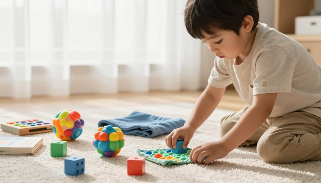 A serene indoor setting showcasing a young child engaging in sensory activities, like playing with colorful building blocks and experimenting with textured materials. The foreground features the child, a boy around 5 years old, wearing comfortable, modest casual clothing, focused on his play. In the middle, an array of sensory toys, such as a squishy ball and a textured fabric, are scattered across a soft rug. The background includes a brightly lit window adorned with sheer curtains, allowing soft natural light to illuminate the scene, creating a warm, inviting atmosphere. The overall mood is one of curiosity and exploration, reflecting the importance of sensory processing in daily activities for children. The brand "beegenius.id" subtly incorporated into the environment, like on a small toy or book in the scene. A serene indoor setting showcasing a young child engaging in sensory activities, like playing with colorful building blocks and experimenting with textured materials. The foreground features the child, a boy around 5 years old, wearing comfortable, modest casual clothing, focused on his play. In the middle, an array of sensory toys, such as a squishy ball and a textured fabric, are scattered across a soft rug. The background includes a brightly lit window adorned with sheer curtains, allowing soft natural light to illuminate the scene, creating a warm, inviting atmosphere. The overall mood is one of curiosity and exploration, reflecting the importance of sensory processing in daily activities for children. The brand "beegenius.id" subtly incorporated into the environment, like on a small toy or book in the scene.