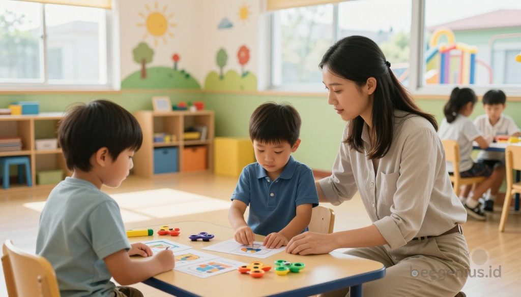 A serene school environment capturing a transition plan for autistic children entering elementary school. In the foreground, a professional educator in modest casual attire is kneeling beside a young child, displaying a calm expression and offering support. The middle ground features various sensory tools, like fidget spinners and calming visuals, laid out on a table, illustrating resources for a comfortable transition. The background depicts a bright, welcoming classroom with colorful illustrations on the walls, large windows letting in warm natural light, and playground equipment visible outside. The atmosphere is warm and inviting, emphasizing inclusivity and comfort for children. The colors are vibrant yet soothing, reflecting a positive learning environment. A subtle logo of "beegenius.id" is incorporated into the scene, enhancing the image's educational focus.
