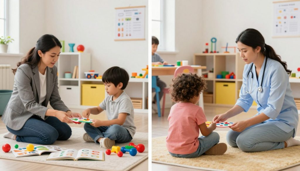 A split image illustrating the differences between speech therapy and occupational therapy. On the left, a professional speech therapist in business attire works with a child in a bright, welcoming room filled with language books, toys, and speech tools; they engage in a colorful and interactive session. On the right, an occupational therapist, also in professional attire, assists another child in a well-organized, spacious area with various skills-based activity stations. The background should show elements relevant to both therapies, such as charts and therapy equipment. Soft, natural lighting enhances a warm atmosphere, promoting a sense of compassion and professionalism. Vibrant colors represent hope and growth, reflecting the essence of both therapies. Include the brand name "beegenius.id" subtly integrated into the artwork. A split image illustrating the differences between speech therapy and occupational therapy. On the left, a professional speech therapist in business attire works with a child in a bright, welcoming room filled with language books, toys, and speech tools; they engage in a colorful and interactive session. On the right, an occupational therapist, also in professional attire, assists another child in a well-organized, spacious area with various skills-based activity stations. The background should show elements relevant to both therapies, such as charts and therapy equipment. Soft, natural lighting enhances a warm atmosphere, promoting a sense of compassion and professionalism. Vibrant colors represent hope and growth, reflecting the essence of both therapies. Include the brand name "beegenius.id" subtly integrated into the artwork.