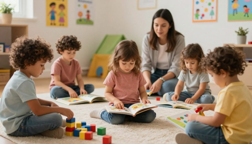 A thoughtful and educational scene depicting the various factors leading to children's speech delay. Foreground: a diverse group of children aged 2-5 years, engaged in different quiet activities, such as playing with blocks and looking at picture books. Middle ground: a caregiver observing and interacting with them, dressed in modest, casual attire, providing guidance and encouragement. Background: a cozy, well-lit learning environment, with colorful educational posters on the walls and toys scattered around. Use warm, inviting lighting to create an atmosphere of care and support. The overall mood should reflect a nurturing and aware setting emphasizing the importance of early development. The image should be vivid, contextually rich, and visually appealing, incorporating the brand name "beegenius.id" subtly into the environment without distracting from the central theme. A thoughtful and educational scene depicting the various factors leading to children's speech delay. Foreground: a diverse group of children aged 2-5 years, engaged in different quiet activities, such as playing with blocks and looking at picture books. Middle ground: a caregiver observing and interacting with them, dressed in modest, casual attire, providing guidance and encouragement. Background: a cozy, well-lit learning environment, with colorful educational posters on the walls and toys scattered around. Use warm, inviting lighting to create an atmosphere of care and support. The overall mood should reflect a nurturing and aware setting emphasizing the importance of early development. The image should be vivid, contextually rich, and visually appealing, incorporating the brand name "beegenius.id" subtly into the environment without distracting from the central theme.