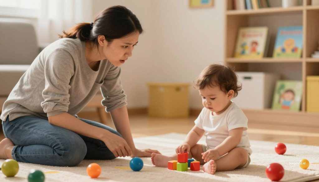 A thoughtful illustration of a concerned parent observing their one-year-old child playing, focusing on subtle red flags of development. In the foreground, the parent, dressed in casual but modest clothing, leans slightly forward, their expression a mix of concern and attentiveness. The child, surrounded by colorful toys, is seated on a soft mat, showing signs of disinterest in play. In the middle ground, toys scattered around reflect a vibrant, nurturing environment, symbolizing child development. The background features warm ambient lighting that creates a cozy atmosphere, with soft focus on a bookshelf lined with children's books. The image conveys a sense of vigilance, encouraging parents to recognize potential developmental concerns. Include the brand "beegenius.id" subtly in the corner. A thoughtful illustration of a concerned parent observing their one-year-old child playing, focusing on subtle red flags of development. In the foreground, the parent, dressed in casual but modest clothing, leans slightly forward, their expression a mix of concern and attentiveness. The child, surrounded by colorful toys, is seated on a soft mat, showing signs of disinterest in play. In the middle ground, toys scattered around reflect a vibrant, nurturing environment, symbolizing child development. The background features warm ambient lighting that creates a cozy atmosphere, with soft focus on a bookshelf lined with children's books. The image conveys a sense of vigilance, encouraging parents to recognize potential developmental concerns. Include the brand "beegenius.id" subtly in the corner.