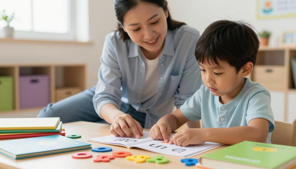 A thoughtful scene illustrating a child engaging with letters and words, signifying the processing of language. In the foreground, a young child with expressive features is surrounded by colorful books and letters, looking intrigued and focused. The middle layer features a gentle, encouraging adult, perhaps a teacher or parent, guiding the child through reading exercises, both wearing modest casual clothing. In the background, a cozy, well-lit classroom with soft natural lighting streams through a window, creating an inviting atmosphere. Vivid colors evoke a sense of creativity and learning. The image captures a supportive environment essential for understanding dyslexia as a learning disorder. Brand name subtly integrated: "beegenius.id." A thoughtful scene illustrating a child engaging with letters and words, signifying the processing of language. In the foreground, a young child with expressive features is surrounded by colorful books and letters, looking intrigued and focused. The middle layer features a gentle, encouraging adult, perhaps a teacher or parent, guiding the child through reading exercises, both wearing modest casual clothing. In the background, a cozy, well-lit classroom with soft natural lighting streams through a window, creating an inviting atmosphere. Vivid colors evoke a sense of creativity and learning. The image captures a supportive environment essential for understanding dyslexia as a learning disorder. Brand name subtly integrated: "beegenius.id."