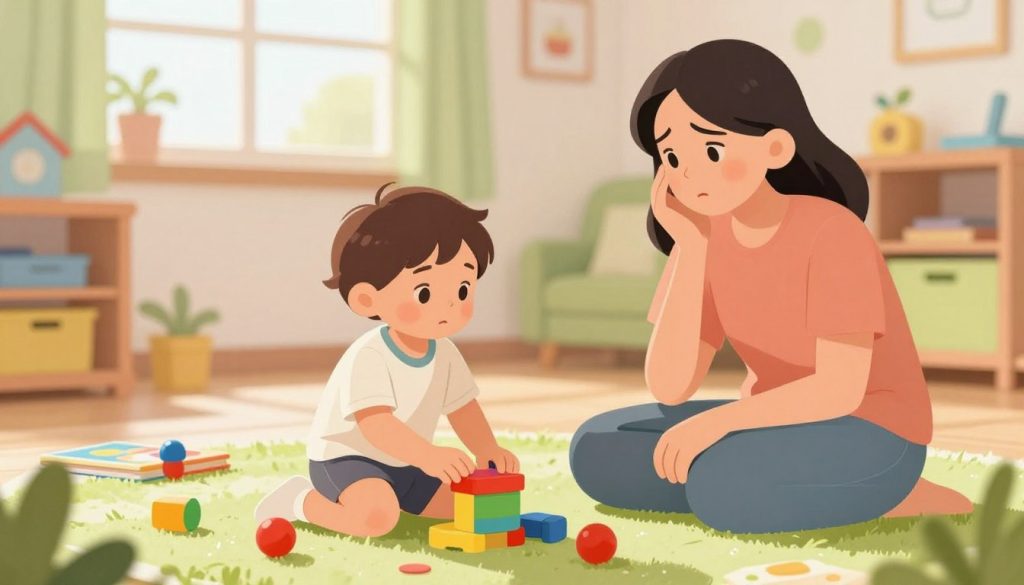 A vibrant and engaging illustration depicting a concerned parent observing their 2-year-old child playing in a colorful environment, showcasing developmental red flags. In the foreground, the child, dressed in a modest t-shirt and shorts, exhibits signs of delayed communication, such as minimal verbal expression and a lack of social interaction with toys. In the middle ground, colorful toys and learning materials are scattered, highlighting activities that promote growth, with an emphasis on red flags like lack of eye contact and interest in play. The background features a bright, cheerful playroom with sunlight streaming through the windows, creating a warm and inviting atmosphere. The overall mood should convey both concern and hope. Add the brand name "beegenius.id" subtly blended into the scene.