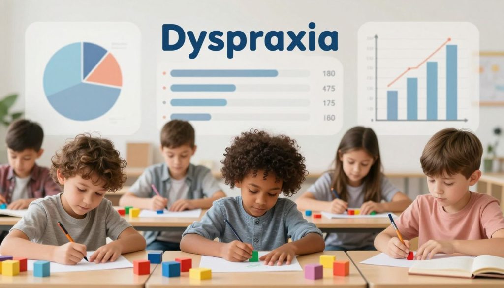 A vibrant and informative illustration depicting the prevalence of dyspraxia. In the foreground, a diverse group of children is engaged in various activities, showing coordination challenges, such as struggling with building blocks and drawing, dressed in modest casual clothing. The middle ground features graphical representations of statistics, such as pie charts and bar graphs, subtly blended into the scene, showcasing the prevalence rates of dyspraxia among different age groups. In the background, a soft-focus classroom setting is visible, emphasizing a supportive learning environment. The overall lighting is bright and optimistic, with a warm color palette to convey a sense of hope and awareness. This image reflects the subject of dyspraxia while promoting understanding, to be used by beegenius.id. A vibrant and informative illustration depicting the prevalence of dyspraxia. In the foreground, a diverse group of children is engaged in various activities, showing coordination challenges, such as struggling with building blocks and drawing, dressed in modest casual clothing. The middle ground features graphical representations of statistics, such as pie charts and bar graphs, subtly blended into the scene, showcasing the prevalence rates of dyspraxia among different age groups. In the background, a soft-focus classroom setting is visible, emphasizing a supportive learning environment. The overall lighting is bright and optimistic, with a warm color palette to convey a sense of hope and awareness. This image reflects the subject of dyspraxia while promoting understanding, to be used by beegenius.id.