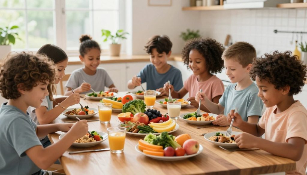 A vibrant and informative scene depicting a balanced meal specifically designed for children with autism and ADHD, showcasing various nutrient-rich foods like colorful fruits, vegetables, whole grains, and lean proteins arranged beautifully on a wooden dining table. In the foreground, a diverse group of children of different ethnicities are engaged in a meal preparation activity, smiling and wearing modest casual clothing, illustrating teamwork and joy in eating healthy. The middle ground features an inviting kitchen environment with natural light streaming through a window, enhancing the warmth of the atmosphere. In the background, soft green plants add a touch of nature. The overall mood is uplifting and educational, emphasizing the importance of nutrition in child development. The image should have a premium feel, incorporating the brand name "beegenius.id" subtly within the scene. A vibrant and informative scene depicting a balanced meal specifically designed for children with autism and ADHD, showcasing various nutrient-rich foods like colorful fruits, vegetables, whole grains, and lean proteins arranged beautifully on a wooden dining table. In the foreground, a diverse group of children of different ethnicities are engaged in a meal preparation activity, smiling and wearing modest casual clothing, illustrating teamwork and joy in eating healthy. The middle ground features an inviting kitchen environment with natural light streaming through a window, enhancing the warmth of the atmosphere. In the background, soft green plants add a touch of nature. The overall mood is uplifting and educational, emphasizing the importance of nutrition in child development. The image should have a premium feel, incorporating the brand name "beegenius.id" subtly within the scene.