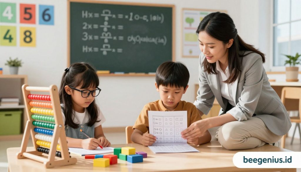 A vibrant classroom scene depicting children diagnosed with dyscalculia, engaged in learning activities. In the foreground, a young girl with glasses is focused, surrounded by colorful math tools like abacuses and blocks. Next to her, a boy with a concerned expression is looking at a math worksheet, while a supportive teacher, dressed in professional casual attire, kneels beside them, offering assistance. The middle ground features a chalkboard with mathematical equations and colorful posters about numbers. The background shows a bright window with natural light streaming in, casting warm shadows. The atmosphere is one of encouragement and understanding, reflecting a nurturing educational environment. The image embodies the theme of dyscalculia and inclusive learning, branded with "beegenius.id". A vibrant classroom scene depicting children diagnosed with dyscalculia, engaged in learning activities. In the foreground, a young girl with glasses is focused, surrounded by colorful math tools like abacuses and blocks. Next to her, a boy with a concerned expression is looking at a math worksheet, while a supportive teacher, dressed in professional casual attire, kneels beside them, offering assistance. The middle ground features a chalkboard with mathematical equations and colorful posters about numbers. The background shows a bright window with natural light streaming in, casting warm shadows. The atmosphere is one of encouragement and understanding, reflecting a nurturing educational environment. The image embodies the theme of dyscalculia and inclusive learning, branded with "beegenius.id".