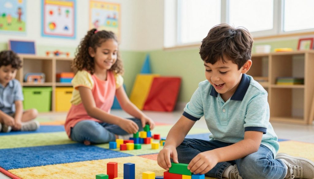 A vibrant classroom scene illustrating readiness for elementary school, featuring a diverse group of three children with joyful expressions. In the foreground, a boy with autism, wearing a smart casual outfit, is engaged in a hands-on activity with building blocks, showing focus and excitement. A girl in the middle ground, smiling and dressed in colorful attire, plays with educational toys, representing social interaction. The background displays a bright and cheerful classroom with educational posters on the walls, colorful rugs, and a big window letting in warm natural light, creating an inviting atmosphere. The overall mood is encouraging and optimistic, emphasizing readiness for school. Use a standard lens for clarity, with balanced lighting to enhance the vibrant colors. Reflect a sense of community and support in the image to highlight the theme of preparedness, showcasing "beegenius.id".