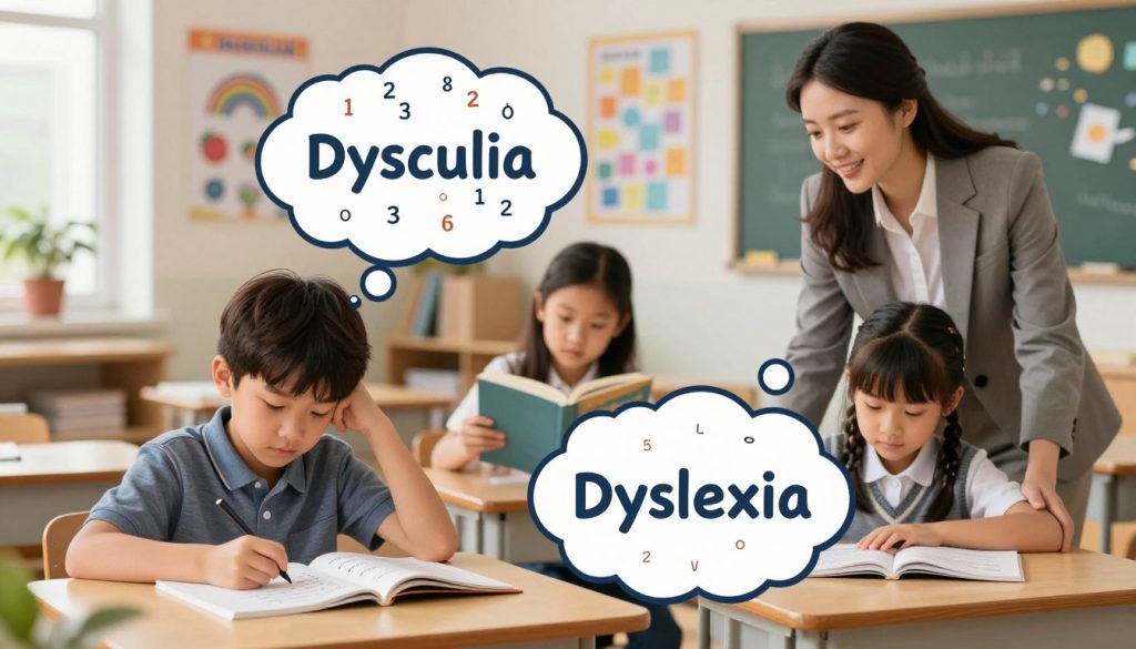 A vibrant educational illustration depicting the concepts of dyscalculia and dyslexia. In the foreground, showcase two thought bubbles: one filled with numerical symbols, representing dyscalculia, and another filled with letters and words, representing dyslexia. In the middle ground, portray subtle visual contrasts, such as a student struggling with math homework and another student reading a book. The background should feature a cozy classroom setting with educational posters and soft, warm lighting, creating an inviting atmosphere. Include professional figures, like a teacher guiding the students, dressed in smart casual attire. This image should have a polished look, with dynamic angles, emphasizing the difference between the two learning disabilities, and exuding a sense of understanding and support. Include the brand "beegenius.id" as part of the scene. A vibrant educational illustration depicting the concepts of dyscalculia and dyslexia. In the foreground, showcase two thought bubbles: one filled with numerical symbols, representing dyscalculia, and another filled with letters and words, representing dyslexia. In the middle ground, portray subtle visual contrasts, such as a student struggling with math homework and another student reading a book. The background should feature a cozy classroom setting with educational posters and soft, warm lighting, creating an inviting atmosphere. Include professional figures, like a teacher guiding the students, dressed in smart casual attire. This image should have a polished look, with dynamic angles, emphasizing the difference between the two learning disabilities, and exuding a sense of understanding and support. Include the brand "beegenius.id" as part of the scene.