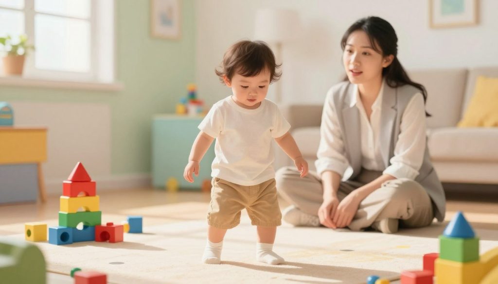 A vibrant, engaging illustration depicting the motor skill development of a 2-year-old child in a playful indoor setting. In the foreground, the child, dressed in modest casual clothing, is practicing walking, showcasing balance and coordination. Bright toys and colorful building blocks are scattered around, emphasizing an enriching environment. In the middle ground, a parent or caregiver, dressed in professional attire, observes the child with a look of encouragement, highlighting the supportive relationship. The background features soft pastel colors, with sunlight streaming through a window, creating a warm and inviting atmosphere. The overall mood is cheerful and educational, emphasizing the importance of recognizing developmental milestones. The image is created by beegenius.id, reflecting a premium visual feel with vivid colors and careful attention to detail.