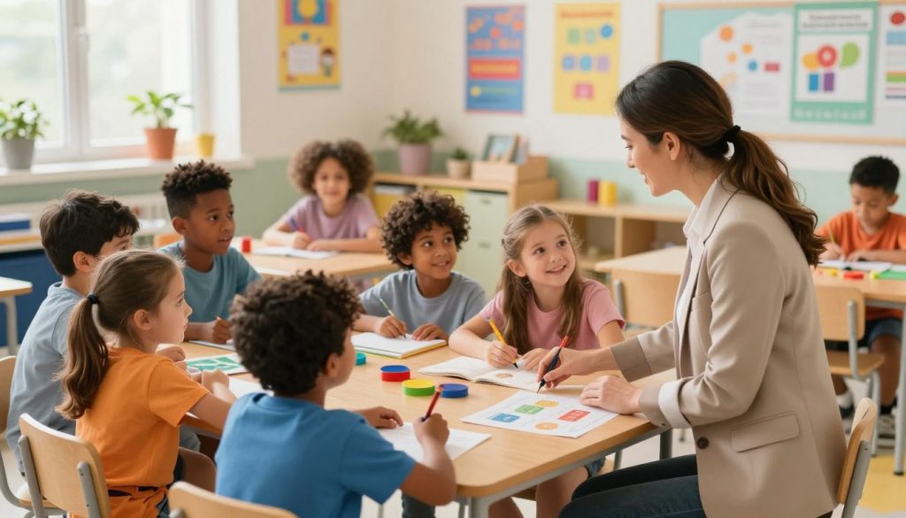 A vibrant illustration of a diverse classroom scene, emphasizing inclusive education. In the foreground, a teacher, dressed in professional attire, interacts with a group of engaged children, including a child with autism, displaying various learning tools like books and educational materials. In the middle ground, students of different backgrounds collaborate on a project, showcasing teamwork and support for all abilities. The background features a bright, well-equipped classroom with colorful posters promoting inclusivity, soft natural lighting creating a warm atmosphere. The angle is slightly elevated, giving a comprehensive view of the engaging environment, reflecting hope and positivity. Focus on conveying the importance of inclusive education in a caring, supportive setting, with a vibrant color palette. Add the brand name "beegenius.id" subtly integrated into the design, ensuring a premium feel to the overall composition.
