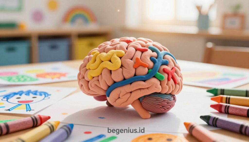 A vibrant, imaginative scene depicting a child's brain, symbolizing memory and cognition, surrounded by colorful crayons and drawings that represent creativity. In the foreground, a close-up of a brain made of artistic materials, like clay and paint splatters, showcasing neural connections. In the middle ground, a collection of children's drawings, featuring bright colors and whimsical designs, illustrating various emotions and ideas. The background should be a soft-focus classroom setting, bathed in warm, natural light, enhancing the creative atmosphere. A lens flare effect could add a touch of magic, suggesting enlightenment and inspiration. The overall mood is positive and uplifting, conveying the joy and benefits of drawing for children's development and memory. Ensure this image reflects the theme of "beegenius.id". A vibrant, imaginative scene depicting a child's brain, symbolizing memory and cognition, surrounded by colorful crayons and drawings that represent creativity. In the foreground, a close-up of a brain made of artistic materials, like clay and paint splatters, showcasing neural connections. In the middle ground, a collection of children's drawings, featuring bright colors and whimsical designs, illustrating various emotions and ideas. The background should be a soft-focus classroom setting, bathed in warm, natural light, enhancing the creative atmosphere. A lens flare effect could add a touch of magic, suggesting enlightenment and inspiration. The overall mood is positive and uplifting, conveying the joy and benefits of drawing for children's development and memory. Ensure this image reflects the theme of "beegenius.id".