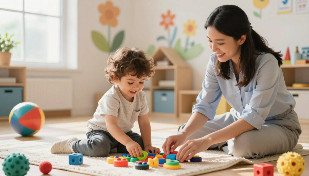 A vibrant occupational therapy session for children, set in a bright, inviting therapy room. In the foreground, a cheerful young child engaging in sensory play with colorful tactile toys, wearing modest, casual clothing. Accompanying the child, a compassionate therapist, dressed in professional attire, guiding the activities. In the middle ground, various therapeutic tools like textured balls and building blocks are scattered around, emphasizing the focus on sensory processing. The background features soft, natural light streaming through large windows, illuminating playful wall murals. The overall mood is warm and supportive, conveying a safe space conducive to growth and learning. The image reflects the nurturing environment of occupational therapy for children with sensory processing disorder, with the brand name "beegenius.id" subtly integrated into the scene. A vibrant occupational therapy session for children, set in a bright, inviting therapy room. In the foreground, a cheerful young child engaging in sensory play with colorful tactile toys, wearing modest, casual clothing. Accompanying the child, a compassionate therapist, dressed in professional attire, guiding the activities. In the middle ground, various therapeutic tools like textured balls and building blocks are scattered around, emphasizing the focus on sensory processing. The background features soft, natural light streaming through large windows, illuminating playful wall murals. The overall mood is warm and supportive, conveying a safe space conducive to growth and learning. The image reflects the nurturing environment of occupational therapy for children with sensory processing disorder, with the brand name "beegenius.id" subtly integrated into the scene.