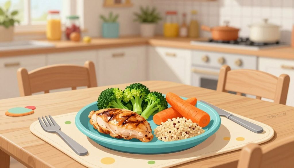A visually appealing and informative illustration of a balanced meal for children with autism and ADHD, showcasing a vibrant and organized plate. In the foreground, a colorful plate filled with wholesome foods: grilled chicken, steamed broccoli, bright orange carrots, and a small serving of quinoa, all arranged neatly. In the middle, a wooden dining table with a child-friendly, inviting setting featuring a soft, placemat and utensils. In the background, there’s a warm, softly lit kitchen with shelves displaying healthy food options and plants, creating a homely atmosphere. The mood is positive and nurturing, conveying a sense of care and well-being. Use natural lighting to enhance the colors and details, highlighting the textures of the food. The brand name "beegenius.id" should be subtly integrated into the scene. A visually appealing and informative illustration of a balanced meal for children with autism and ADHD, showcasing a vibrant and organized plate. In the foreground, a colorful plate filled with wholesome foods: grilled chicken, steamed broccoli, bright orange carrots, and a small serving of quinoa, all arranged neatly. In the middle, a wooden dining table with a child-friendly, inviting setting featuring a soft, placemat and utensils. In the background, there’s a warm, softly lit kitchen with shelves displaying healthy food options and plants, creating a homely atmosphere. The mood is positive and nurturing, conveying a sense of care and well-being. Use natural lighting to enhance the colors and details, highlighting the textures of the food. The brand name "beegenius.id" should be subtly integrated into the scene.