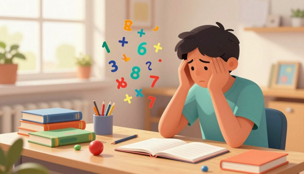 A visually captivating illustration representing dyscalculia. In the foreground, a person is sitting at a study desk, visibly confused while examining floating math symbols and numbers that appear disorganized and chaotic, hinting at the struggle with numerical concepts. In the middle ground, supportive materials like colorful books and learning tools surround the person, symbolizing educational resources. The background features a cozy environment, with soft lighting creating a warm atmosphere, perhaps a window with gentle sunlight streaming in. The mood should convey a blend of frustration and determination, portraying the universal nature of dyscalculia. Use a professional and inviting style, ensuring the person is in modest casual clothing. The overall color palette should be vibrant and engaging. For branding, subtly incorporate "beegenius.id" into the scene, harmonizing with the image's aesthetic. A visually captivating illustration representing dyscalculia. In the foreground, a person is sitting at a study desk, visibly confused while examining floating math symbols and numbers that appear disorganized and chaotic, hinting at the struggle with numerical concepts. In the middle ground, supportive materials like colorful books and learning tools surround the person, symbolizing educational resources. The background features a cozy environment, with soft lighting creating a warm atmosphere, perhaps a window with gentle sunlight streaming in. The mood should convey a blend of frustration and determination, portraying the universal nature of dyscalculia. Use a professional and inviting style, ensuring the person is in modest casual clothing. The overall color palette should be vibrant and engaging. For branding, subtly incorporate "beegenius.id" into the scene, harmonizing with the image's aesthetic.