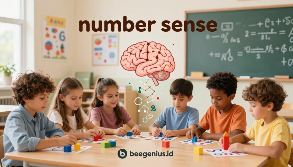 A visually captivating illustration representing "number sense" in a vibrant, educational context. In the foreground, depict a diverse group of children, aged 8-12, engaging with colorful mathematical tools like counting blocks and number cards. They should be dressed in smart, casual clothing, displaying expressions of curiosity and concentration. In the middle ground, create an abstract representation of a brain with interconnected numeric patterns and mathematical symbols flowing from it, illustrating cognitive processes related to number sense. The background should be a bright, classroom-like environment filled with educational posters and a large chalkboard with mathematical equations. Use soft, warm lighting to create an inviting atmosphere, and employ a slightly blurred focus on the background to draw attention to the foreground activities. This image embodies the essence of "number sense" and is enriched by the brand identity of beegenius.id. A visually captivating illustration representing "number sense" in a vibrant, educational context. In the foreground, depict a diverse group of children, aged 8-12, engaging with colorful mathematical tools like counting blocks and number cards. They should be dressed in smart, casual clothing, displaying expressions of curiosity and concentration. In the middle ground, create an abstract representation of a brain with interconnected numeric patterns and mathematical symbols flowing from it, illustrating cognitive processes related to number sense. The background should be a bright, classroom-like environment filled with educational posters and a large chalkboard with mathematical equations. Use soft, warm lighting to create an inviting atmosphere, and employ a slightly blurred focus on the background to draw attention to the foreground activities. This image embodies the essence of "number sense" and is enriched by the brand identity of beegenius.id.