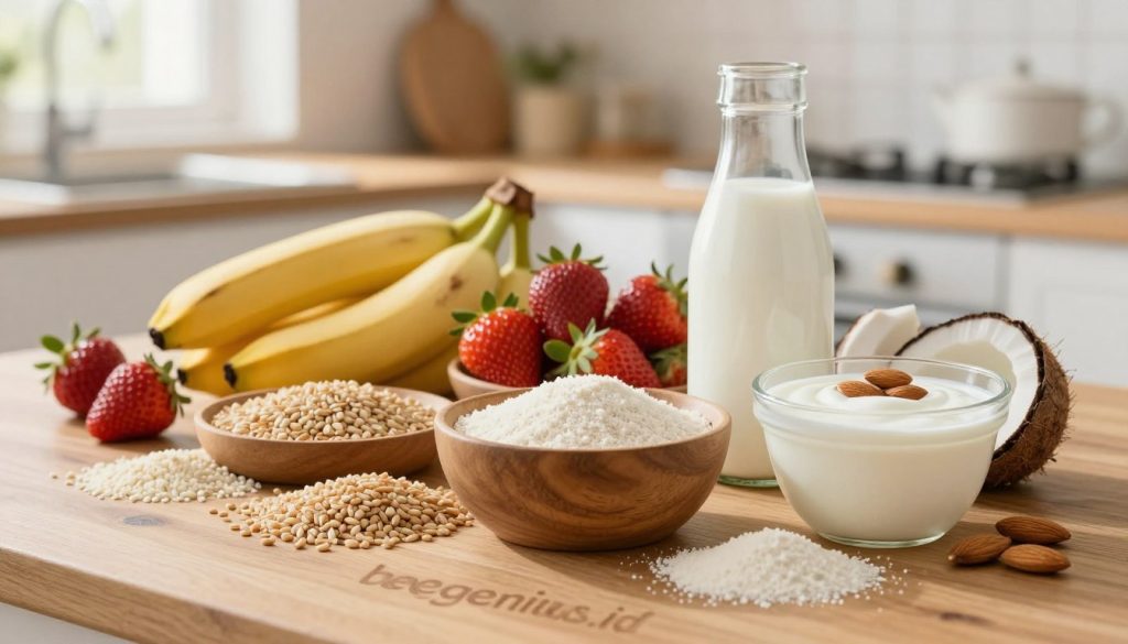 A visually striking composition illustrating gluten and casein, elegantly arranged on a wooden kitchen table. Foreground features a bowl filled with various gluten-free grains and a selection of dairy-free ingredients, including almond milk and coconut yogurt. The middle ground showcases a vibrant array of fresh fruits, with rich colors like ripe bananas and bright strawberries, symbolizing healthier alternatives. In the background, a softly focused kitchen setting with gentle sunlight streaming through a window, creating a warm and inviting atmosphere. The scene is captured with a shallow depth of field to emphasize the foreground elements, using soft, natural lighting to enhance the textures and colors. The overall mood conveys a sense of health and well-being, perfect for the topic of dietary considerations. Branding subtly included with "beegenius.id" etched on the table in soft focus. A visually striking composition illustrating gluten and casein, elegantly arranged on a wooden kitchen table. Foreground features a bowl filled with various gluten-free grains and a selection of dairy-free ingredients, including almond milk and coconut yogurt. The middle ground showcases a vibrant array of fresh fruits, with rich colors like ripe bananas and bright strawberries, symbolizing healthier alternatives. In the background, a softly focused kitchen setting with gentle sunlight streaming through a window, creating a warm and inviting atmosphere. The scene is captured with a shallow depth of field to emphasize the foreground elements, using soft, natural lighting to enhance the textures and colors. The overall mood conveys a sense of health and well-being, perfect for the topic of dietary considerations. Branding subtly included with "beegenius.id" etched on the table in soft focus.