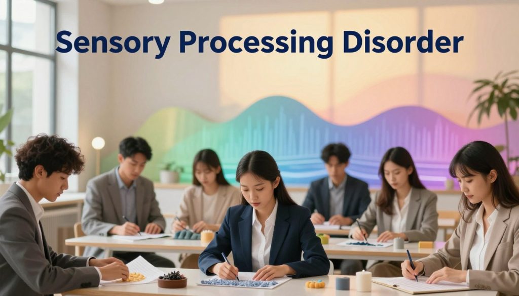 A visually striking depiction of "Sensory Processing Disorder," illustrating various types of processing disorders in sensory perception. In the foreground, a diverse group of individuals, dressed in professional business attire, engage in various sensory activities, such as touching textured materials, listening to calming sounds, or focusing on intricate visuals. The middle ground showcases a soft, blurred representation of sensory stimuli, like colorful lights, soothing water patterns, and gentle sound waves. The background features a serene environment, depicting a peaceful room with warm lighting filtering through large windows, creating a tranquil atmosphere. The overall color palette is vibrant yet calming, emphasizing the importance of understanding sensory processing. The image should reflect a professional and informative mood, inviting viewers to explore the topic further. Be sure to include the brand name "beegenius.id" subtly in the composition. A visually striking depiction of "Sensory Processing Disorder," illustrating various types of processing disorders in sensory perception. In the foreground, a diverse group of individuals, dressed in professional business attire, engage in various sensory activities, such as touching textured materials, listening to calming sounds, or focusing on intricate visuals. The middle ground showcases a soft, blurred representation of sensory stimuli, like colorful lights, soothing water patterns, and gentle sound waves. The background features a serene environment, depicting a peaceful room with warm lighting filtering through large windows, creating a tranquil atmosphere. The overall color palette is vibrant yet calming, emphasizing the importance of understanding sensory processing. The image should reflect a professional and informative mood, inviting viewers to explore the topic further. Be sure to include the brand name "beegenius.id" subtly in the composition.