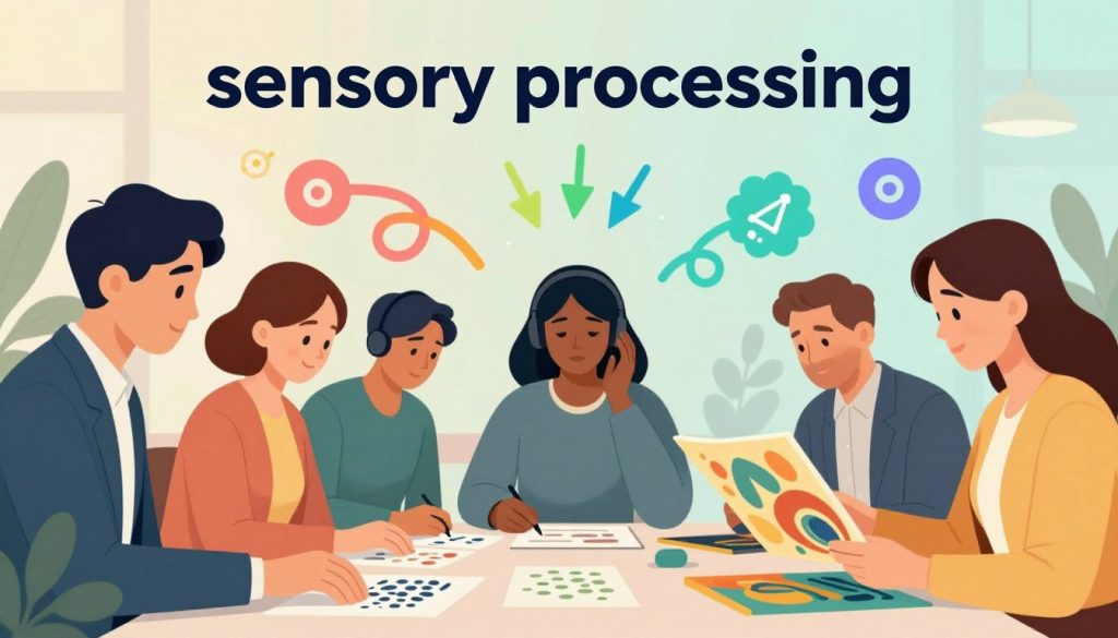 A vividly detailed illustration of "sensory processing" that visually represents various sensory inputs such as sight, sound, touch, taste, and smell. In the foreground, a diverse group of individuals in professional attire engages with various sensory stimuli—one is gently touching textured surfaces, another is listening intently with headphones, while a third examines colorful visual elements like artwork. The middle ground features abstract representations of sensory signals, with swirling colors and shapes symbolizing sensory overload and calming effects. In the background, a serene environment with soft, diffused lighting enhances the mood of awareness and understanding. The atmosphere should feel both contemplative and vibrant, capturing the essence of sensory processing in a balanced way. Visual branding elements for "beegenius.id" subtly integrated into the scene. A vividly detailed illustration of "sensory processing" that visually represents various sensory inputs such as sight, sound, touch, taste, and smell. In the foreground, a diverse group of individuals in professional attire engages with various sensory stimuli—one is gently touching textured surfaces, another is listening intently with headphones, while a third examines colorful visual elements like artwork. The middle ground features abstract representations of sensory signals, with swirling colors and shapes symbolizing sensory overload and calming effects. In the background, a serene environment with soft, diffused lighting enhances the mood of awareness and understanding. The atmosphere should feel both contemplative and vibrant, capturing the essence of sensory processing in a balanced way. Visual branding elements for "beegenius.id" subtly integrated into the scene.